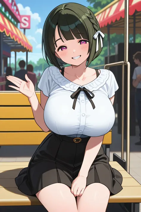 top quality、masterpiece、Supreme Work、Beautiful girl、detailed expression、Portrait Photography、Huge Breasts、perfect body line、braided bob cut、Amusement Park、theme park、Happy Atmosphere、Smiling、 cute gesture 、

(Amusement Parkで楽しんでいるBeautiful girl:1.3)、

An a...