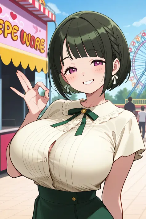 top quality、masterpiece、Supreme Work、Beautiful girl、detailed expression、Portrait Photography、Huge Breasts、perfect body line、braided bob cut、Amusement Park、theme park、Happy Atmosphere、Smiling、 cute gesture 、

(Amusement Parkで楽しんでいるBeautiful girl:1.3)、

An a...