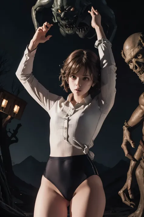 masterpiece, Highest quality, masterpiece, (One girl), (letter), Evil Witch, Dark Energy, Empty, Hollow Eyes, (an extremely evil), black magic, Dark Forest, Negative Energy, hell, Empty, performer, Brown Hair,Wearing a black gymnastics bloomers,high leg,se...