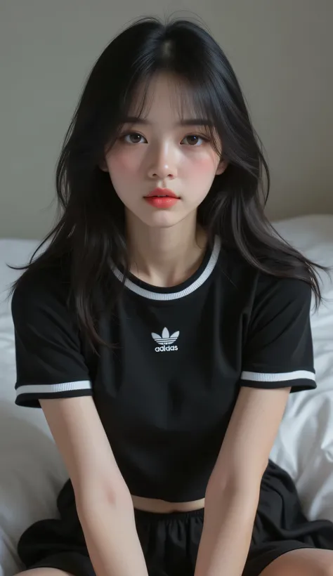Beautiful black-haired girl with brown eyes and shoulder-length hair, Nice big breasts, beautiful face, angelic and tender look, perfect makeup, red lips, sports shoes she wears a small black collector's blouse, short black skirt, Adidas, casual watch acce...
