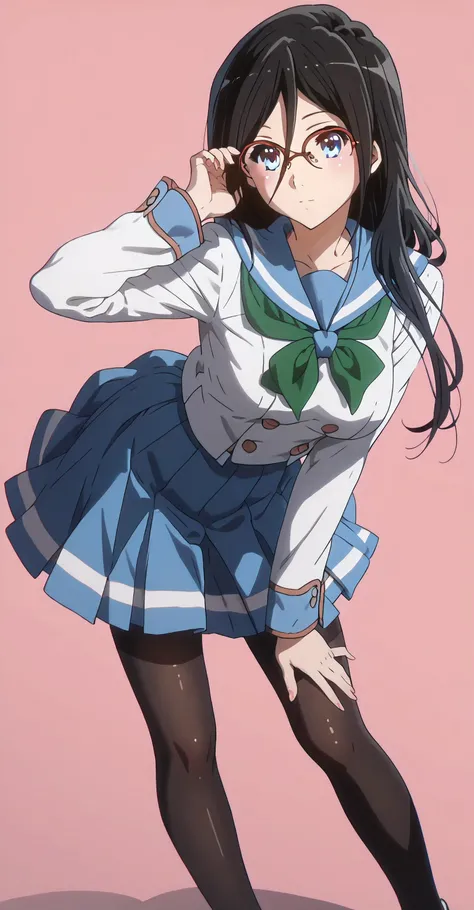 ((inspired by Asuka Tanaka:1.2)),(inspired by Kyoto Animation Style),(masterpiece, best quality),beautiful, beautiful-woman, ((detailed face)).(full body:1.3).,
((black hair)), glasses, blue eyes, long hair, over-rim eye-wear,cowboy shot, semi-rimless eye...