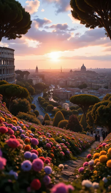 highdefinition images、 Ancient Roman Empire、the cityscape of Rome、People Looking Down々、The Colosseum can be seen from the top of the hill、Flowers and trees々The beautiful cityscape of、 tree branch、8k、( High Quality Seven Colored Flowers )the city full of fa...