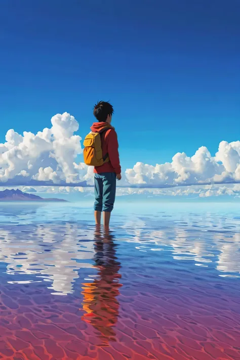 Draw a simple art in Tintinpixai style, a young boy in a large body of water with clouds in the sky, In the Salar de Uyuni, Incredible reflections of the sky, Incredible reflections, beautiful reflection, impressive photo, Epic and impressive, Crossing the...