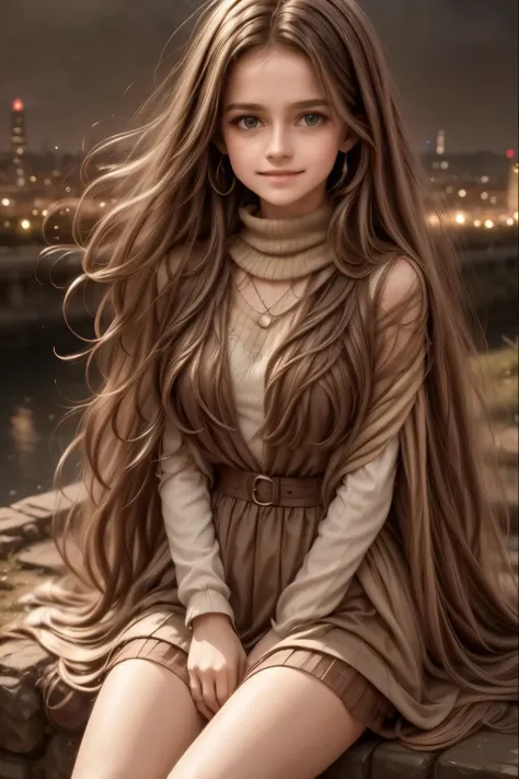 A young girl with long wavy hair, wrapped in a light cloak, sits on top of a grassy hill under a starry sky. Before her stretches a vast city lit up by thousands of golden lights, with streets intertwined like luminous veins and buildings that stand out ag...