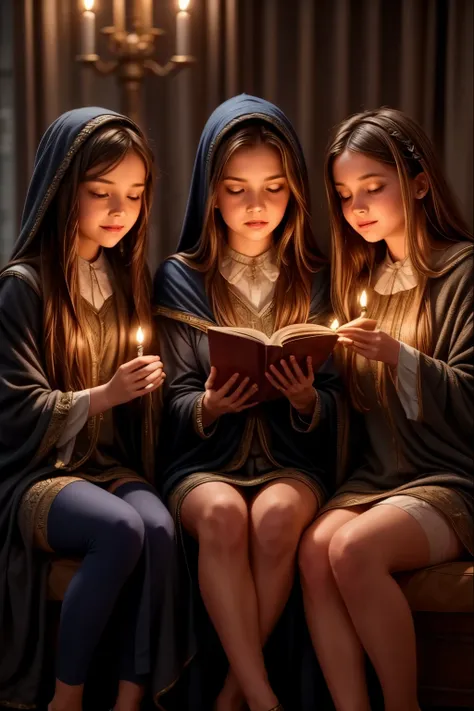 A majestic classroom of magic lit by floating candles and glittering spells. Four young witches, each representing one of the houses of the prestigious Eldoria Academy—Lumen, Umbra, Aether, and Terranova—are seated at their seats, concentrating on an advan...