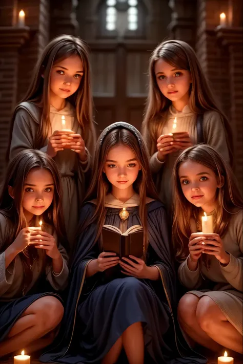 A majestic classroom of magic lit by floating candles and glittering spells. Four young witches, each representing one of the houses of the prestigious Eldoria Academy—Lumen, Umbra, Aether, and Terranova—are seated at their seats, concentrating on an advan...