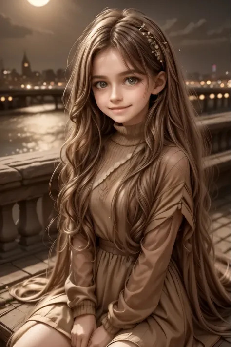 A young girl with long wavy hair, wrapped in a light cloak, sits on top of a grassy hill under a starry sky. Before her stretches a vast city lit up by thousands of golden lights, with streets intertwined like luminous veins and buildings that stand out ag...