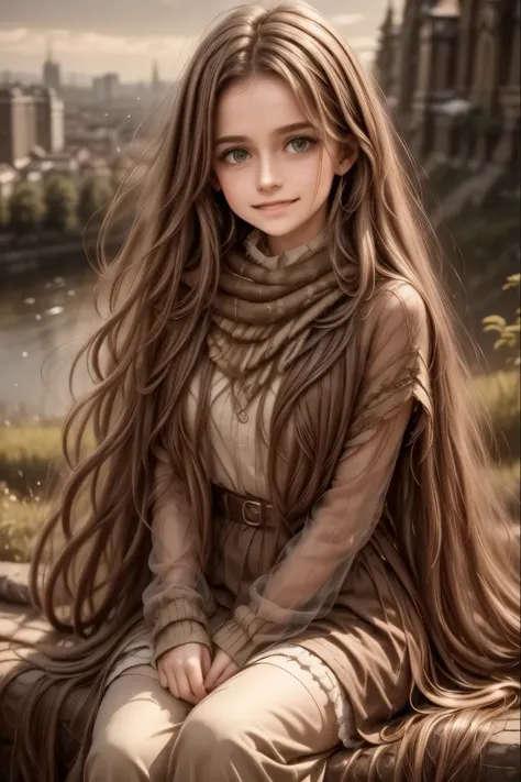 A young girl with long wavy hair, wrapped in a light cloak, sits on top of a grassy hill under a starry sky. Before her stretches a vast city lit up by thousands of golden lights, with streets intertwined like luminous veins and buildings that stand out ag...
