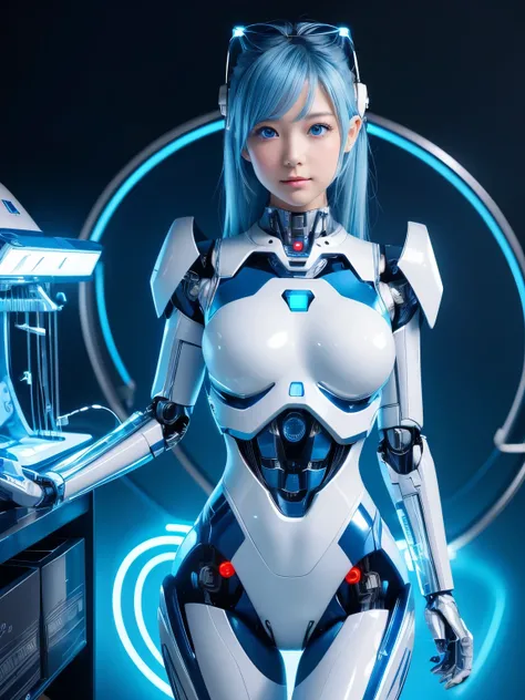 (top quality, high definition, masterpiece:1.2), Highly detailed, Realistic:1.37, ( Complete Anatomy), 1 girl,Actress, cowboy shot, cute and beautiful Japanese woman .AKB Idol,(Transform into an alien robot :1.3), very cute face,,(Shining blue LED eyes :1....