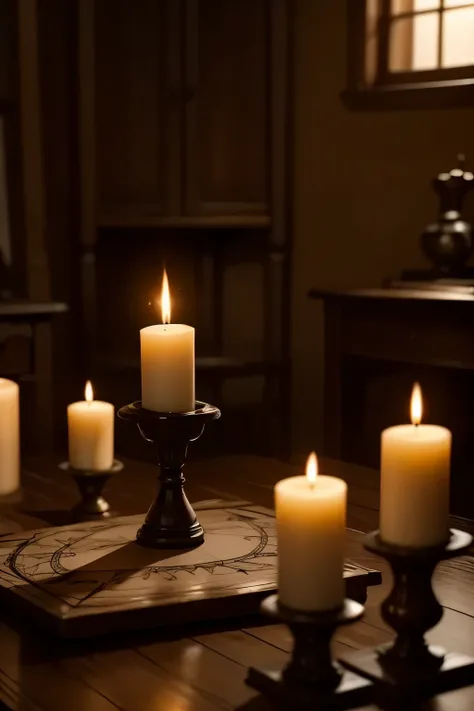 A dark, dusty room, lit only by the flickering light of burned-out candles. In the center, an antique Ouija board with carved letters and a planchette that moves on its own, as if guided by an invisible force. Around the table, three people with tense expr...