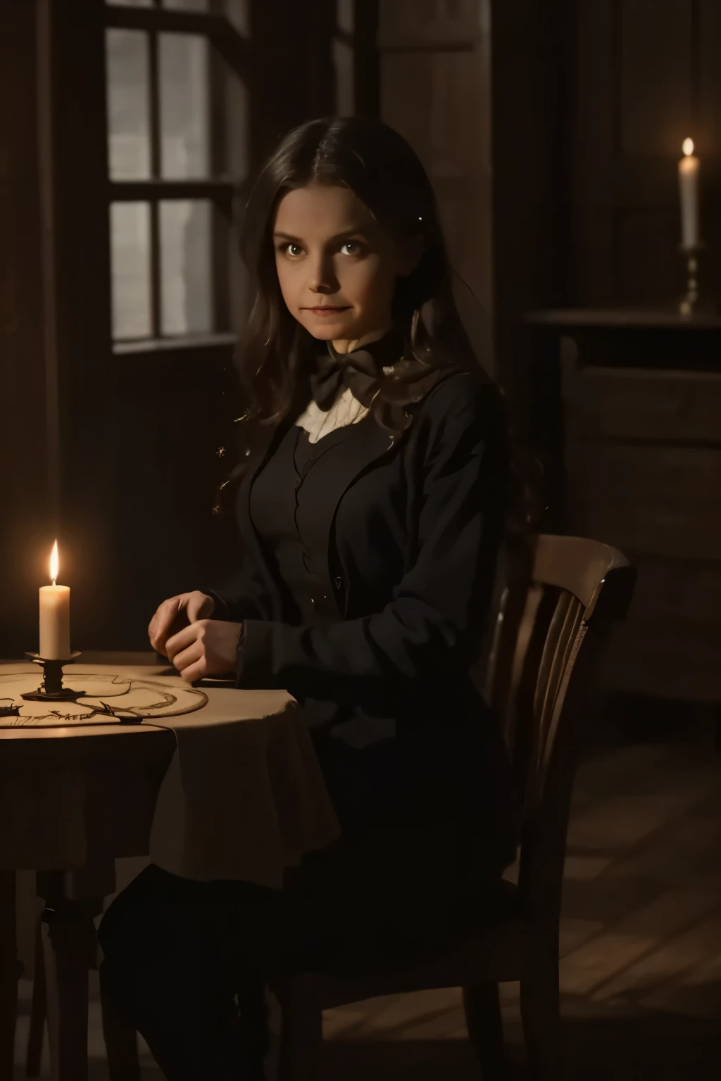 A dark, dusty room, lit only by the flickering light of burned-out candles. In the center, an antique Ouija board with carved letters and a planchette that moves on its own, as if guided by an invisible force. Around the table, three people with tense expr...