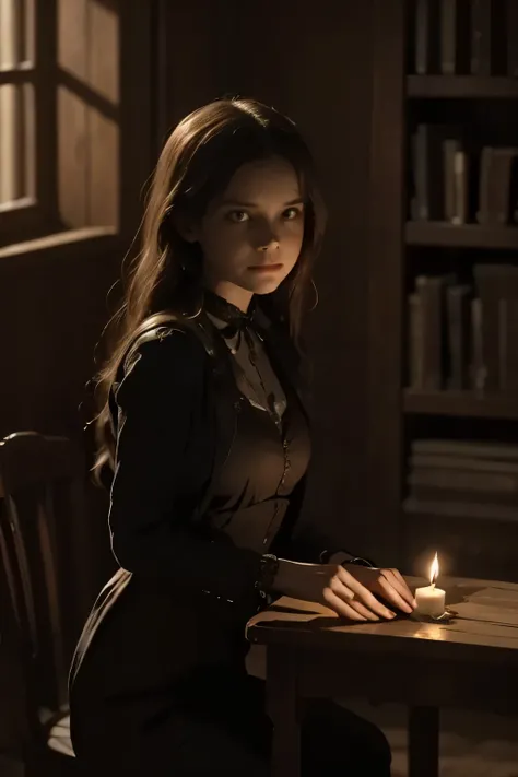 A dark, dusty room, lit only by the flickering light of burned-out candles. In the center, an antique Ouija board with carved letters and a planchette that moves on its own, as if guided by an invisible force. Around the table, three people with tense expr...