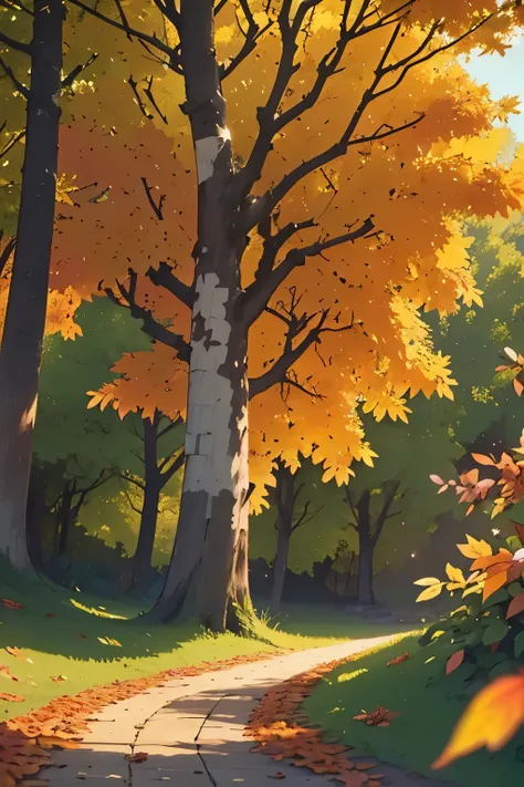 A warm, golden light filters through a tapestry of vibrant autumn leaves, casting a cozy glow on the rustic forest floor. A lone tree stands tall, its branches stretching towards the camera like nature's own frame, as the soft afternoon sun illuminates the...