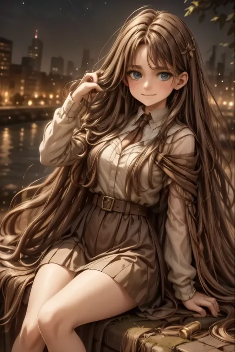 A young girl with long wavy hair, wrapped in a light cloak, sits on top of a grassy hill under a starry sky. Before her stretches a vast city lit up by thousands of golden lights, with streets intertwined like luminous veins and buildings that stand out ag...