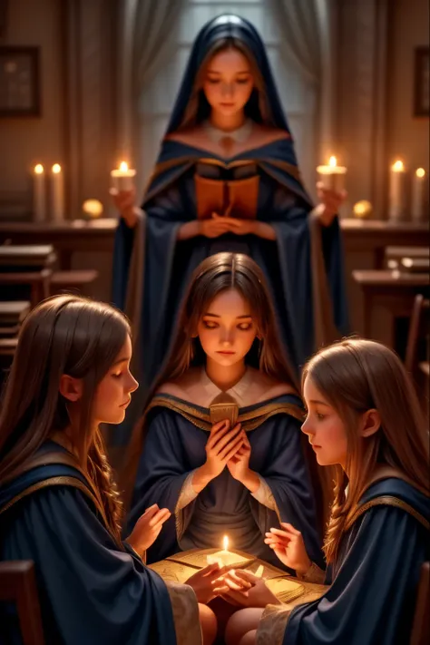 A majestic classroom of magic lit by floating candles and glittering spells. Four young witches, each representing one of the houses of the prestigious Eldoria Academy—Lumen, Umbra, Aether, and Terranova—are seated at their seats, concentrating on an advan...