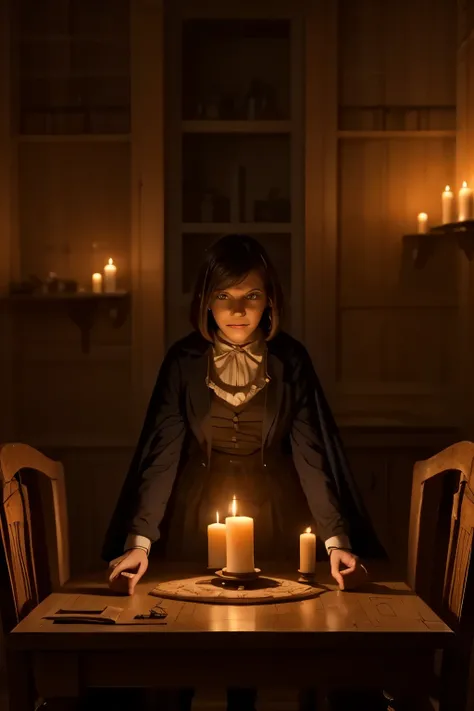 A dark, dusty room, lit only by the flickering light of burned-out candles. In the center, an antique Ouija board with carved letters and a planchette that moves on its own, as if guided by an invisible force. Around the table, three people with tense expr...