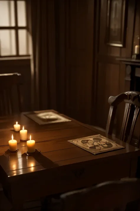 A dark, dusty room, lit only by the flickering light of burned-out candles. In the center, an antique Ouija board with carved letters and a planchette that moves on its own, as if guided by an invisible force. Around the table, three people with tense expr...