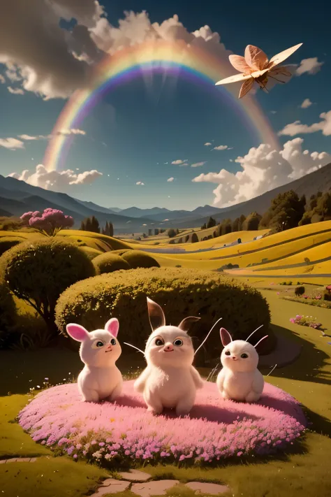 A bright and colorful alien world, with changing skies that go from pink to electric blue. The ground is soft like foam and the mountains look like giant marshmallows. Strange trees with bizarre shapes sway in the wind, while giant flowers make melodious s...