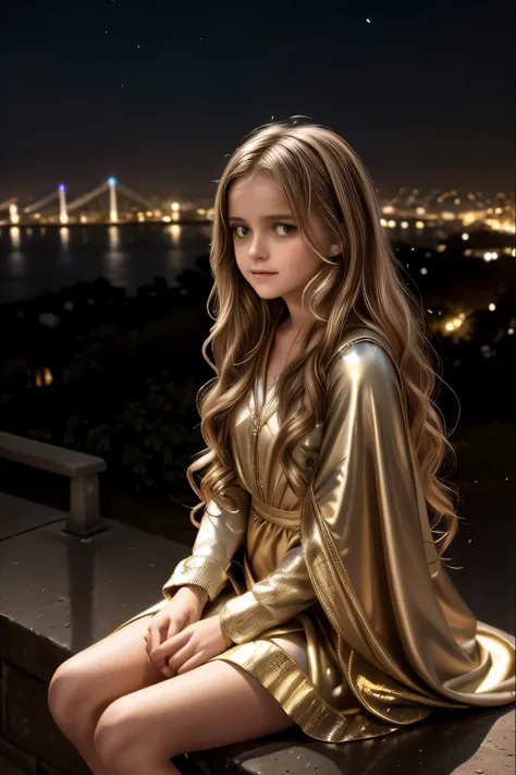 A young girl with long wavy hair, wrapped in a light cloak, sits on top of a grassy hill under a starry sky. Before her stretches a vast city lit up by thousands of golden lights, with streets intertwined like luminous veins and buildings that stand out ag...