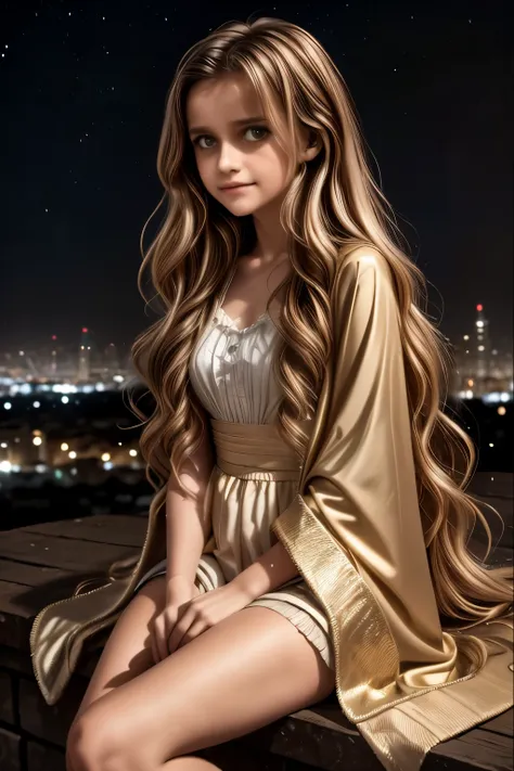 A young girl with long wavy hair, wrapped in a light cloak, sits on top of a grassy hill under a starry sky. Before her stretches a vast city lit up by thousands of golden lights, with streets intertwined like luminous veins and buildings that stand out ag...