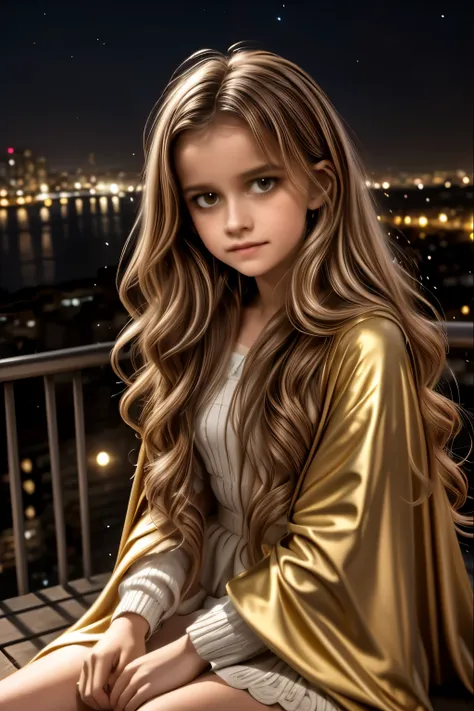 A young girl with long wavy hair, wrapped in a light cloak, sits on top of a grassy hill under a starry sky. Before her stretches a vast city lit up by thousands of golden lights, with streets intertwined like luminous veins and buildings that stand out ag...