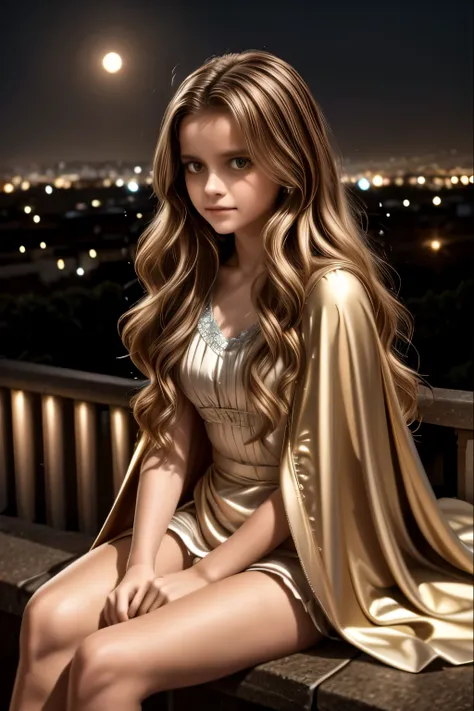 A young girl with long wavy hair, wrapped in a light cloak, sits on top of a grassy hill under a starry sky. Before her stretches a vast city lit up by thousands of golden lights, with streets intertwined like luminous veins and buildings that stand out ag...