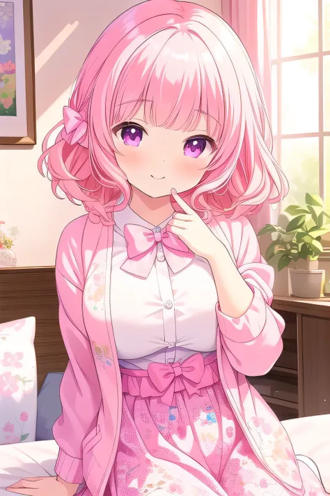 (masterpiece, best quality), highly detailed background, perfect lightingbest quality, nittamoeka, solo, indoors, pink hair, hair bow, pink bow, curly hair, short hair, purple eyes, pink eyes, large breasts, purple jacket, white shirt,  pink skirt, floral ...