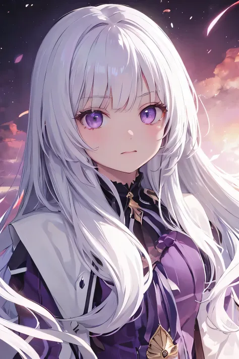 a young girl with white long hair, purple eyes and purple dress, she have a cold and angry expression. WHITE HAIR, SHE IS ALBINIC