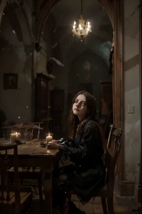 An ancient, decaying manor shrouded in fog, lit only by the pale glow of the moon. The air is cold and damp, while cobwebs sway in the dark hallways. In a large room, an old carved wooden table is surrounded by dust-covered chairs. Ghostly figures dressed ...