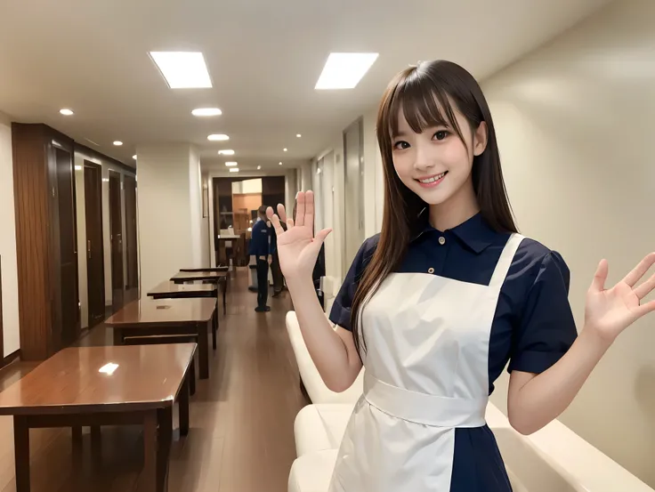 dark-haired maid being played。Raise your right hand to face level、Show your palm and wave。White Maid Apron。Ultramarine blue shirt。White Prim。Maid working in a mansion。Smiling