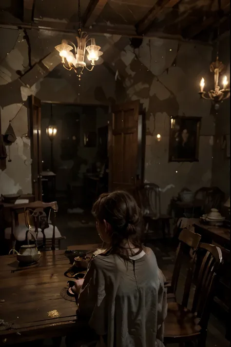 An ancient, decaying manor shrouded in fog, lit only by the pale glow of the moon. The air is cold and damp, while cobwebs sway in the dark hallways. In a large room, an old carved wooden table is surrounded by dust-covered chairs. Ghostly figures dressed ...