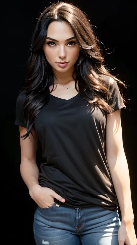 Beautiful Woman, Long black hair, brown fitted t-shirt, jeans, Black background, front view, camera watching, pose sexy