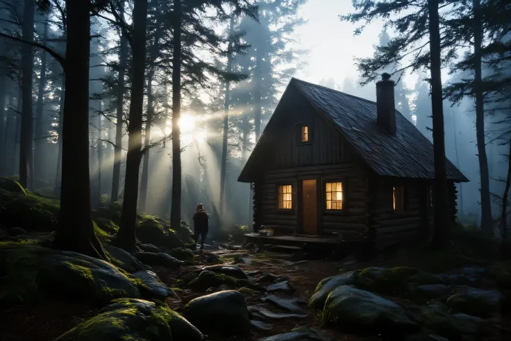 A hiker discovering a mysterious log cabin deep in an ancient forest, surrounded by tall misty pine trees and soft glowing light, moss-covered stones, gentle sunbeams filtering through the trees, the log house looks old but well-kept, with warm lights glow...