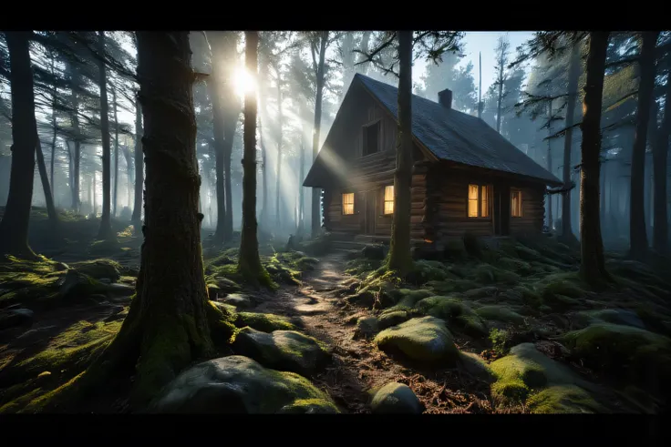 A hiker discovering a mysterious log cabin deep in an ancient forest, surrounded by tall misty pine trees and soft glowing light, moss-covered stones, gentle sunbeams filtering through the trees, the log house looks old but well-kept, with warm lights glow...