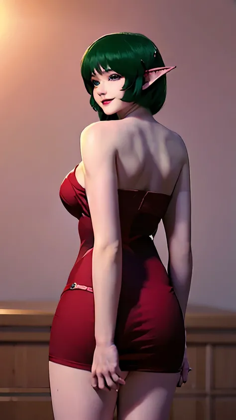  ((masterpiece,best quality,ultra-delicate,Perfect Face,16k,high resolution,very beautiful girl)),green hair,Red strapless bodycon tube dress ,Red long arm sleeves,red high huge bow with back of dress,Elf Girl,large Breasts,blue eyes,fine smile,20 years ol...