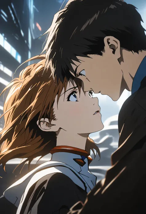 (Two people kissing). 1 boy, 1 girl, shinji kissing asuka, neon genesis evangelion, detailed facial features, intense expression, dynamic pose, high quality, 8k, ultra detailed, cinematic lighting, dramatic atmosphere, sci-fi setting, futuristic architectu...