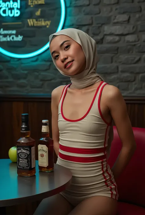 face cute soft smile , Front posing, Wearing Scarf neck tie, Front posing, SKINNY SUPER OLD LADY,  (Thighs and calves huge muscles), (((MOODY FACE EXPRESSION))), "Wearing Hijab perfectly",  wearing Scoop Neck Sleeveless cream Bodysuits singlet swimsuit and...