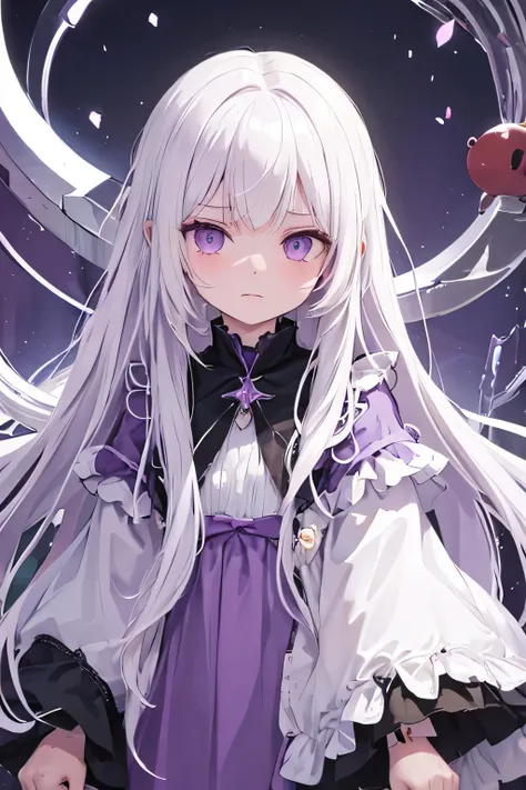 a young girl with white long hair, purple eyes and purple dress, she have a cold and angry expression. WHITE HAIR, SHE IS ALBINIC