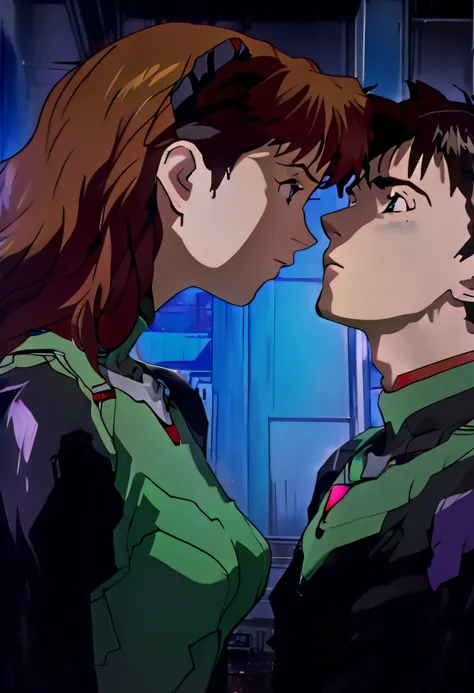 (Two people kissing). 1 boy, 1 girl, shinji kissing asuka, neon genesis evangelion, detailed facial features, romantic expression, dynamic pose, high quality, 8k, ultra detailed, cinematic lighting, romantic atmosphere, sci-fi setting, futuristic architect...