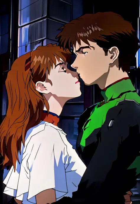 (Two people kissing). 1 boy, 1 girl, shinji kissing asuka, neon genesis evangelion, detailed facial features, romantic expression, dynamic pose, high quality, 8k, ultra detailed, cinematic lighting, romantic atmosphere, sci-fi setting, futuristic architect...