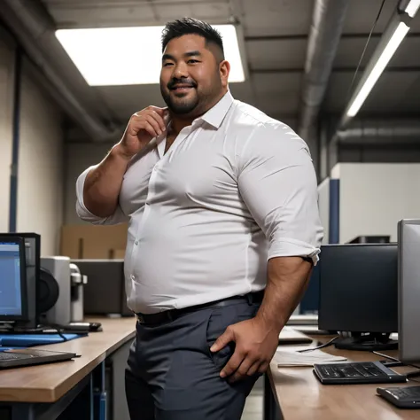   A slightly chubby Asian man is 40 years old , father,    A man wearing a white suit shirt is standing, 10,000,  Alone,   grey pants ,  Hair with moderate virtues  ,  natural nerdy hair ,  round faces inside the vagina:2,  thigh,  detailsな口 ,  At the offi...