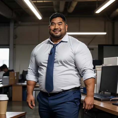   A slightly chubby Asian man is 40 years old , father,    A man wearing a white suit shirt is standing, 10,000,  Alone,   grey pants ,  Hair with moderate virtues  ,  natural nerdy hair ,  round faces inside the vagina:2,  thigh,  detailsな口 ,  At the offi...