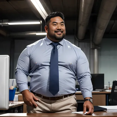   A slightly chubby Asian man is 40 years old , father,    A man wearing a white suit shirt is standing, 10,000,  Alone,   grey pants ,  Hair with moderate virtues  ,  natural nerdy hair ,  round faces inside the vagina:2,  thigh,  detailsな口 ,  At the offi...