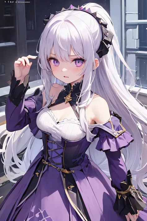 a young girl with white long hair, purple eyes and purple dress, she have a cold and angry expression. WHITE HAIR, SHE IS ALBINIC