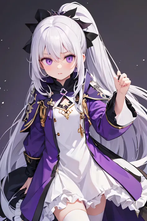 a young girl with white long hair, purple eyes and purple dress, she have a cold and angry expression. WHITE HAIR, SHE IS ALBINIC. with a ponytail