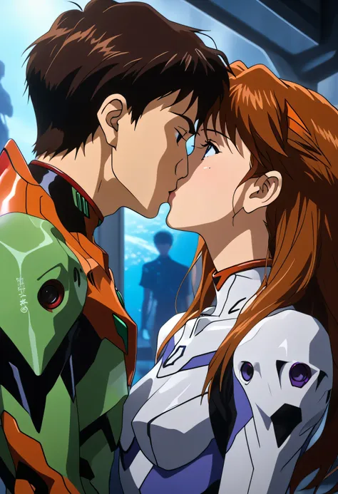(Two people kissing). 1 boy, 1 girl, shinji kissing asuka, neon genesis evangelion, detailed facial features, romantic expression, dynamic pose, high quality, 8k, ultra detailed, cinematic lighting, romantic atmosphere, sci-fi setting, futuristic architect...
