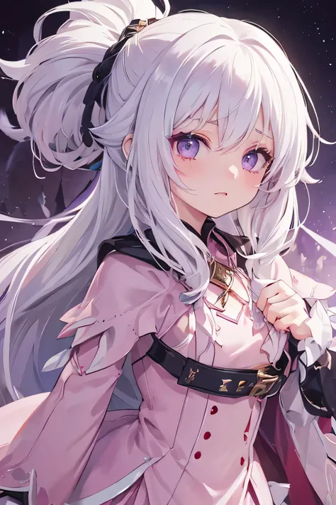 a young girl with white long hair, purple eyes and pink dress, she have a cold and angry expression. WHITE HAIR, SHE IS ALBINIC. with a ponytail