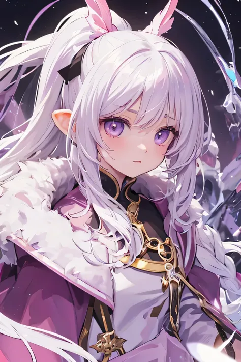 a young girl with white long hair, purple eyes and pink dress, she have a cold and angry expression. WHITE HAIR, SHE IS ALBINIC. with a ponytail