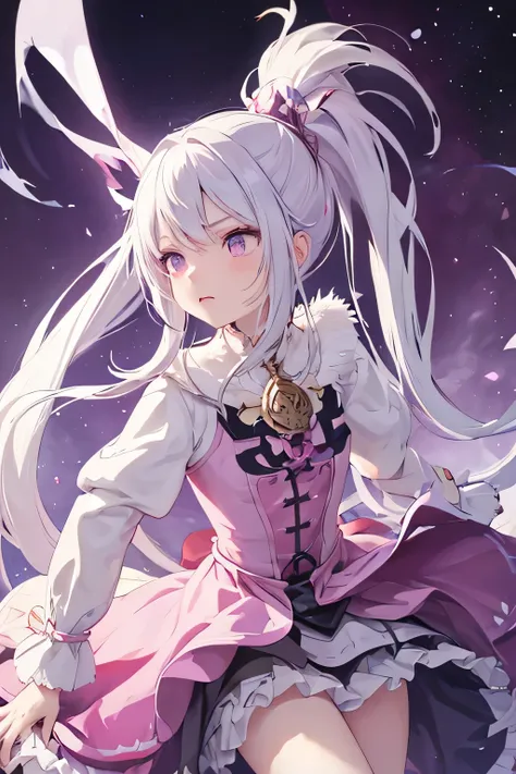a young girl with white long hair, purple eyes and pink dress, she have a cold and angry expression. WHITE HAIR, SHE IS ALBINIC. with a ponytail