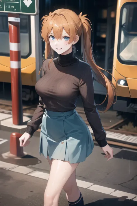 brown hair，Woman with twin tail hair，Don't get drenched in heavy rain，My Nipples Are Sharp、My Areolas Can Be Seen Through，My whole body is wet in heavy rain，Black wool sweater without sleeves，Hide your chest with a costume，High Socks on My Feet，accurate re...